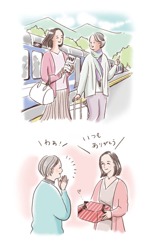 駅で会話する女性と贈り物をする女性