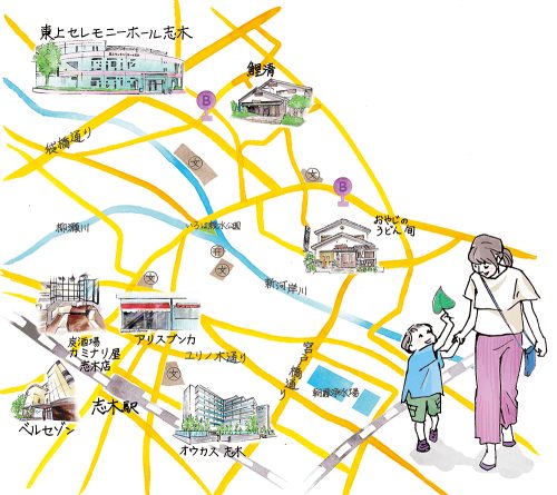 親子が散歩する地域の地図イラスト