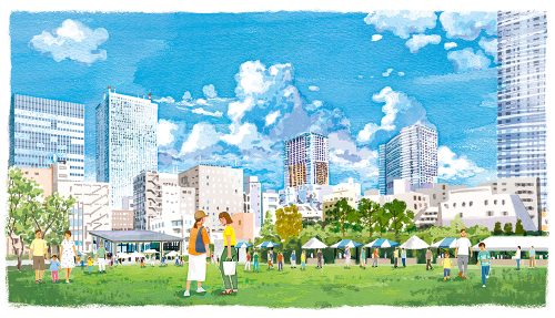 都市の公園で開催されている屋外イベントのイラスト