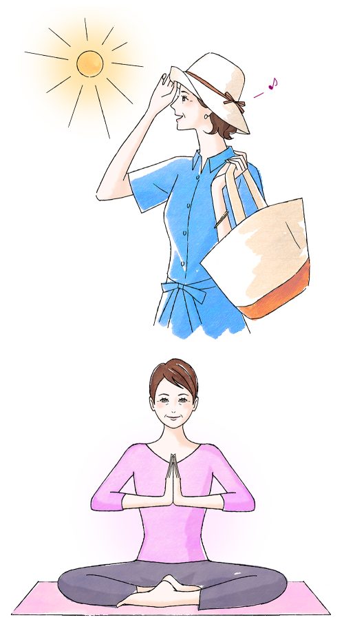 太陽の下の女性とヨガをする女性