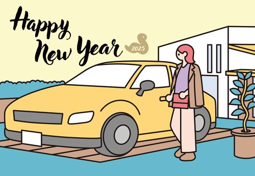 新年を祝う黄色い車と女性のイラスト