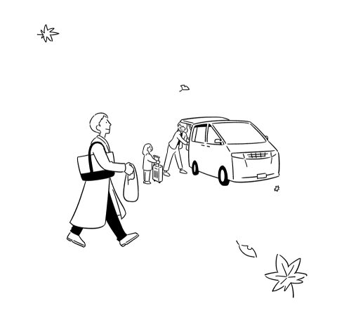 車に荷物を積む家族と歩く男性の線画イラスト