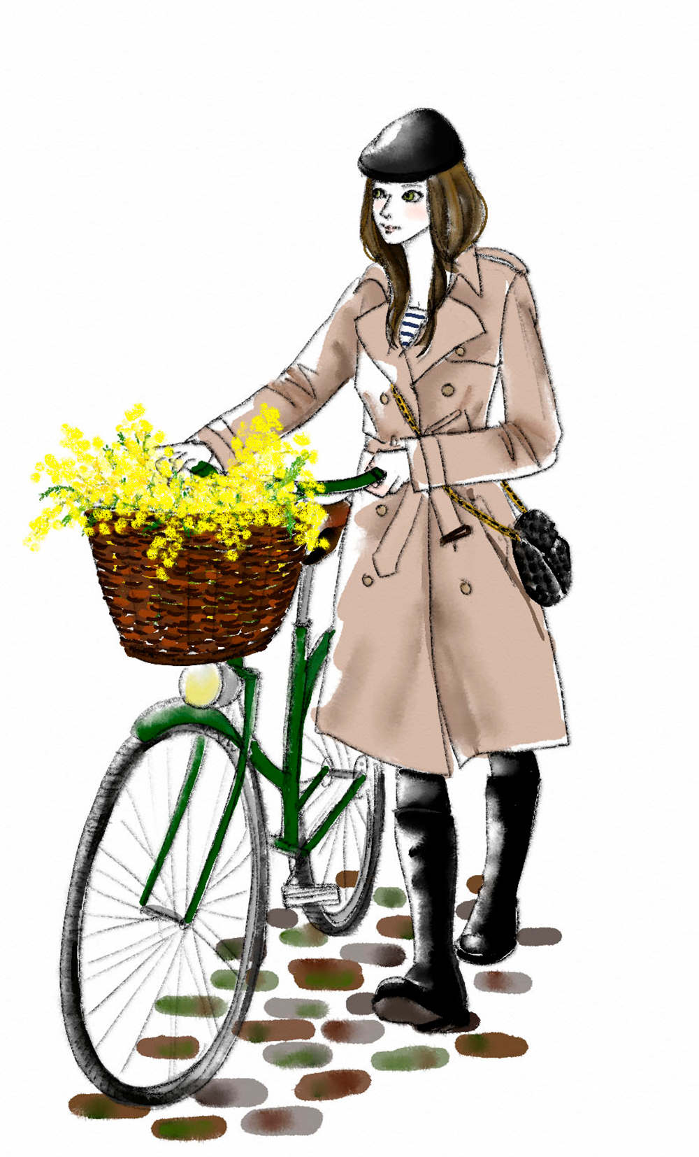 自転車をおして歩くおしゃれな女性イラスト