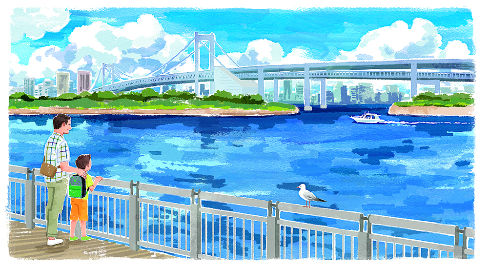 親子で海へ出かけたイラスト