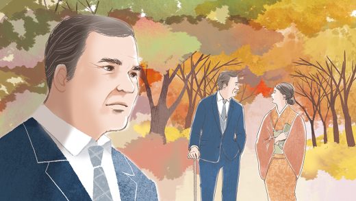 紅葉を背景に歩く男女のシーンイラスト