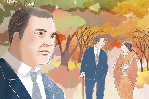 紅葉を背景に歩く男女のシーンイラスト