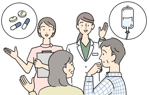 看護師と医師と夫婦が会話するイラスト