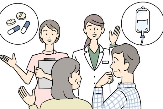 看護師と医師と夫婦が会話するイラスト