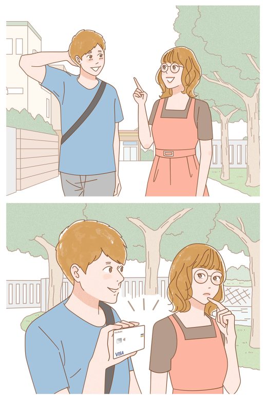 クレジットカードを見せる男性と話す女性のイラスト