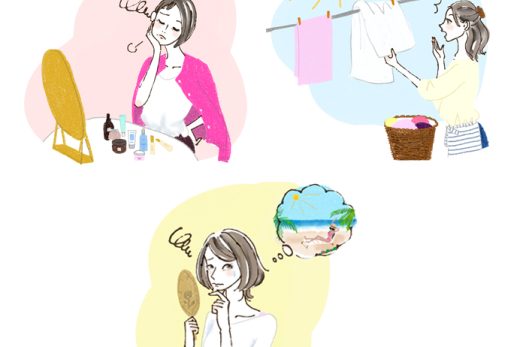 身支度や家事をしながら悩む女性のイラスト