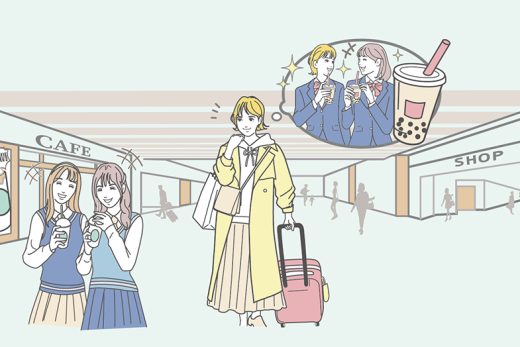 カフェでタピオカドリンクを楽しむ女子高生と旅行する女性のイラスト