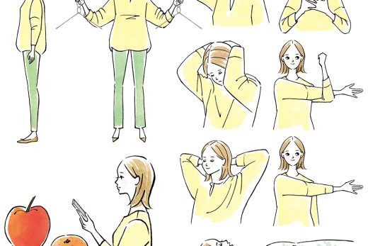 ストレッチをする女性と果物のイラスト