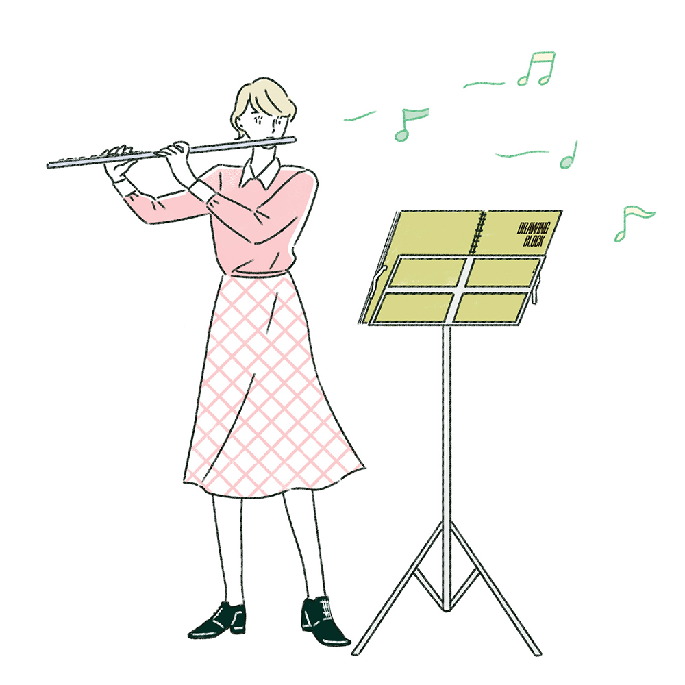 かわいい女性が楽器（フルート）を演奏しているイラスト