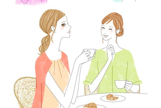 肌のケアをする女性、カフェで会話する女性、3人で話す女性たちのイラスト