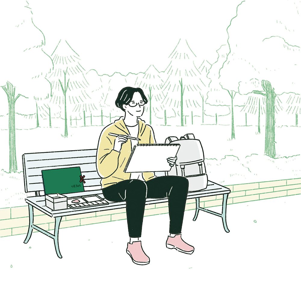 男性が公園のベンチでスケッチをしているイラスト