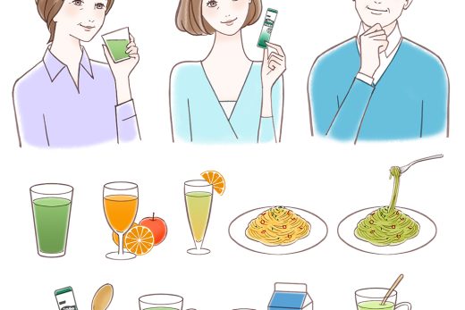 青汁を飲む人々と料理のイラスト