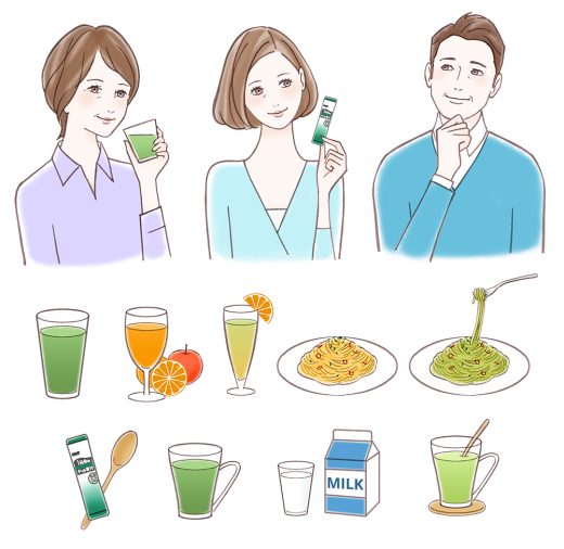 青汁を飲む人々と料理のイラスト