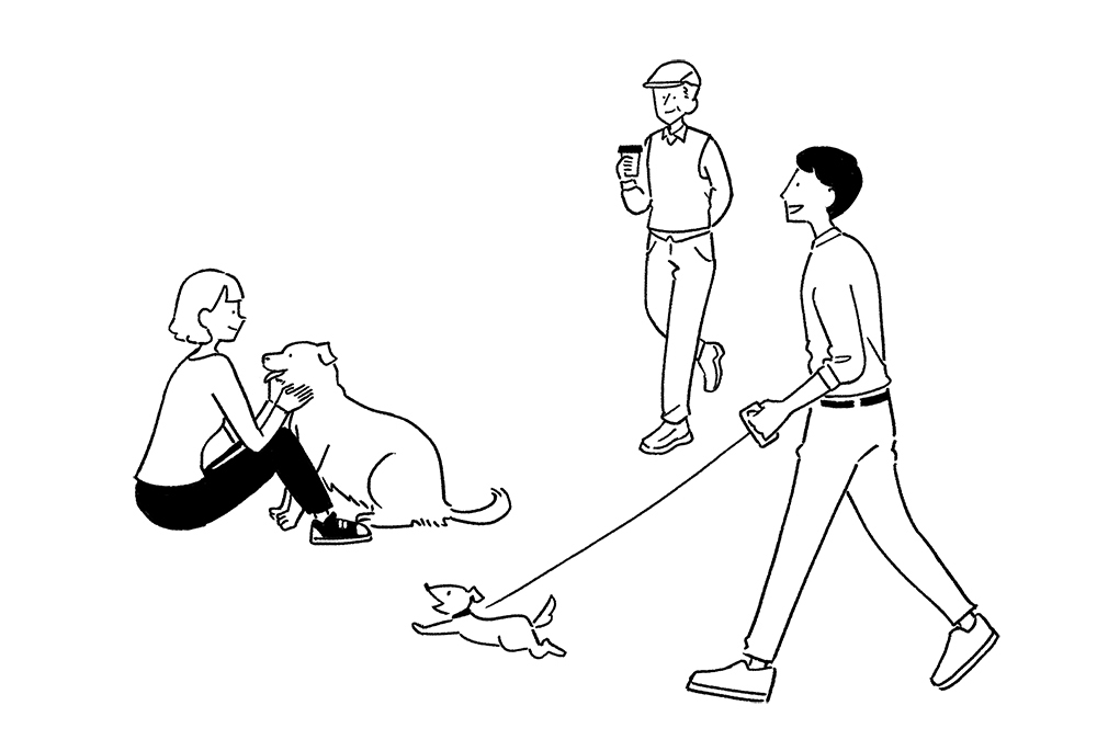 犬を散歩させているシンプル線画のイラスト