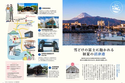 沼津の観光ガイド：沼津港、沼津日枝神社、沼津港深海水族館、大型展望水門びゅうお、沼津御用邸記念公園などの紹介。富士山を背景に、初夏の港町の風景が広がる。