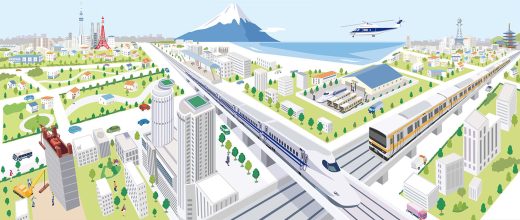 東京タワー、高架上の新幹線、上空のヘリコプター、背景の富士山、そして澄み切った青空の下にあるさまざまな建物や緑地など、象徴的なランドマークを描いた都市景観のイラストです。