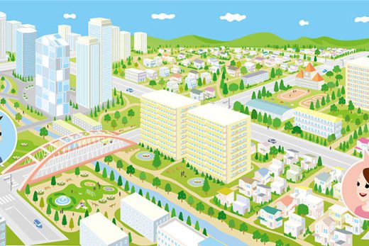 活気に満ちた都市のパノラマ ビューを描いたイラストです。高層ビル、住宅ビル、遊び場のある公園、川にかかる橋などが描かれています。男性と女性の 2 人の笑顔が、都市の別のエリアで強調表示されています。背景には緑の丘と青い空があります。