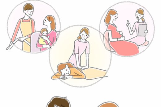 育児を考える夫婦、育児中の母親、妊娠中の女性、赤ちゃんと遊ぶ母親のイラスト。