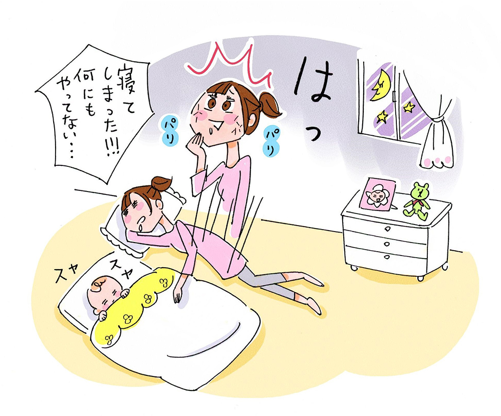 子供を寝かしつけている間に寝落ちしてしまったかわいいお母さんのイラスト