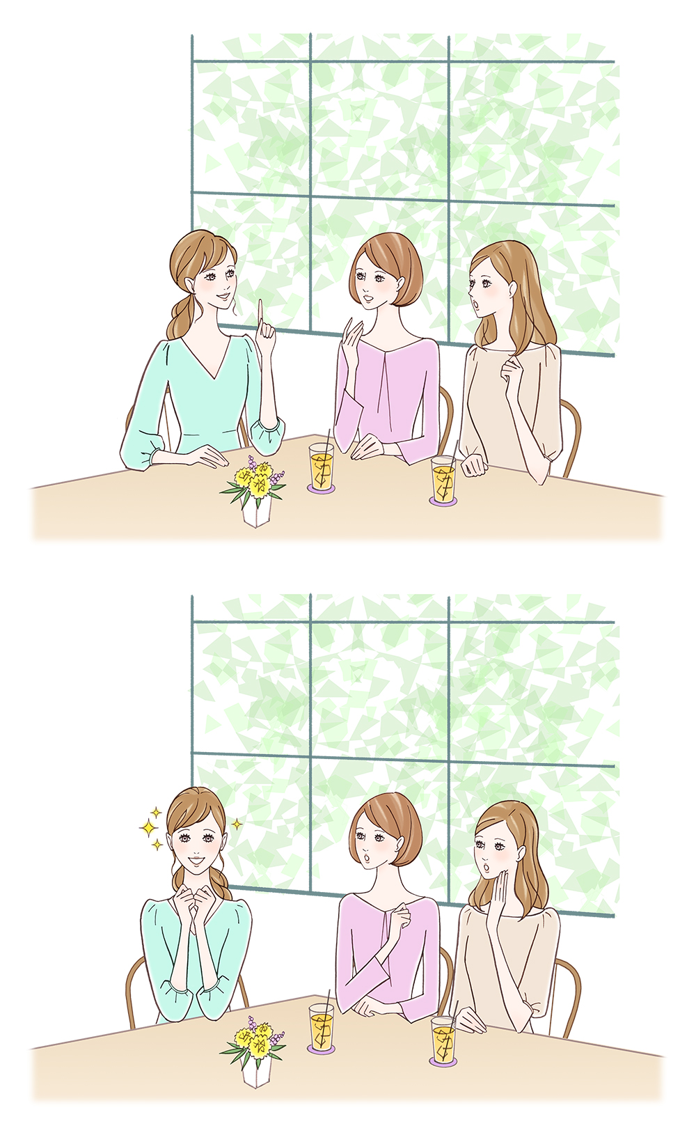 カフェで楽しそうに話す3人のかわいい女性のイラスト