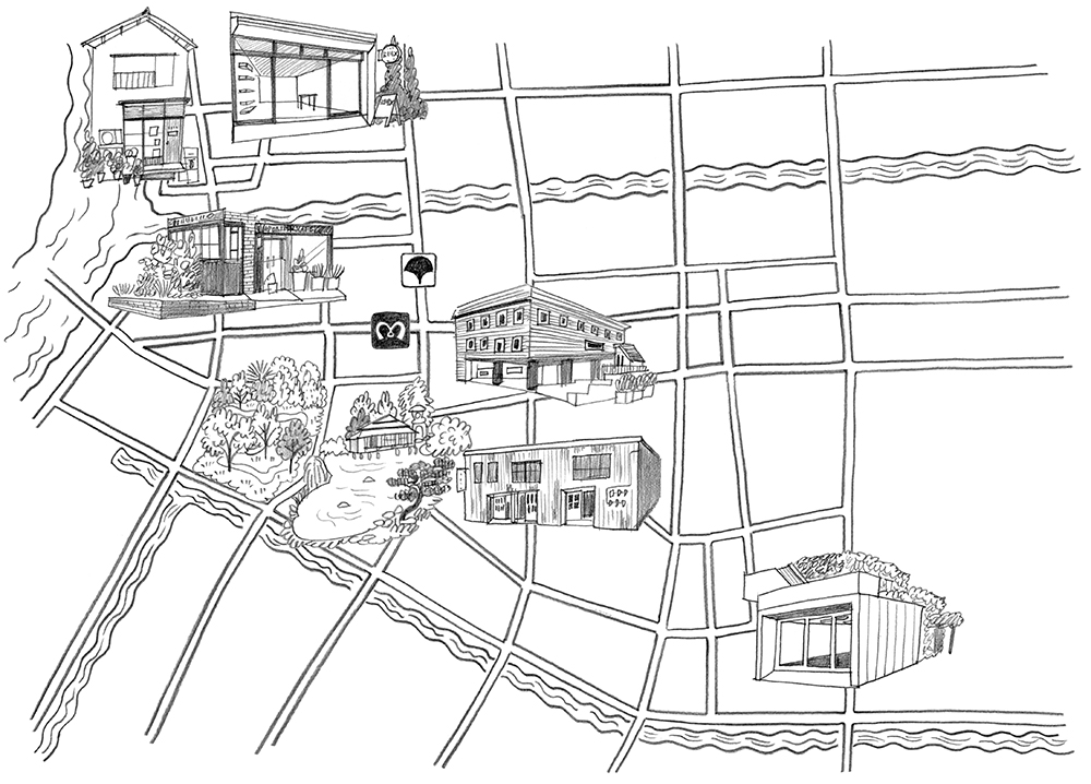 建築物のランドマークを示した手描き地図イラスト