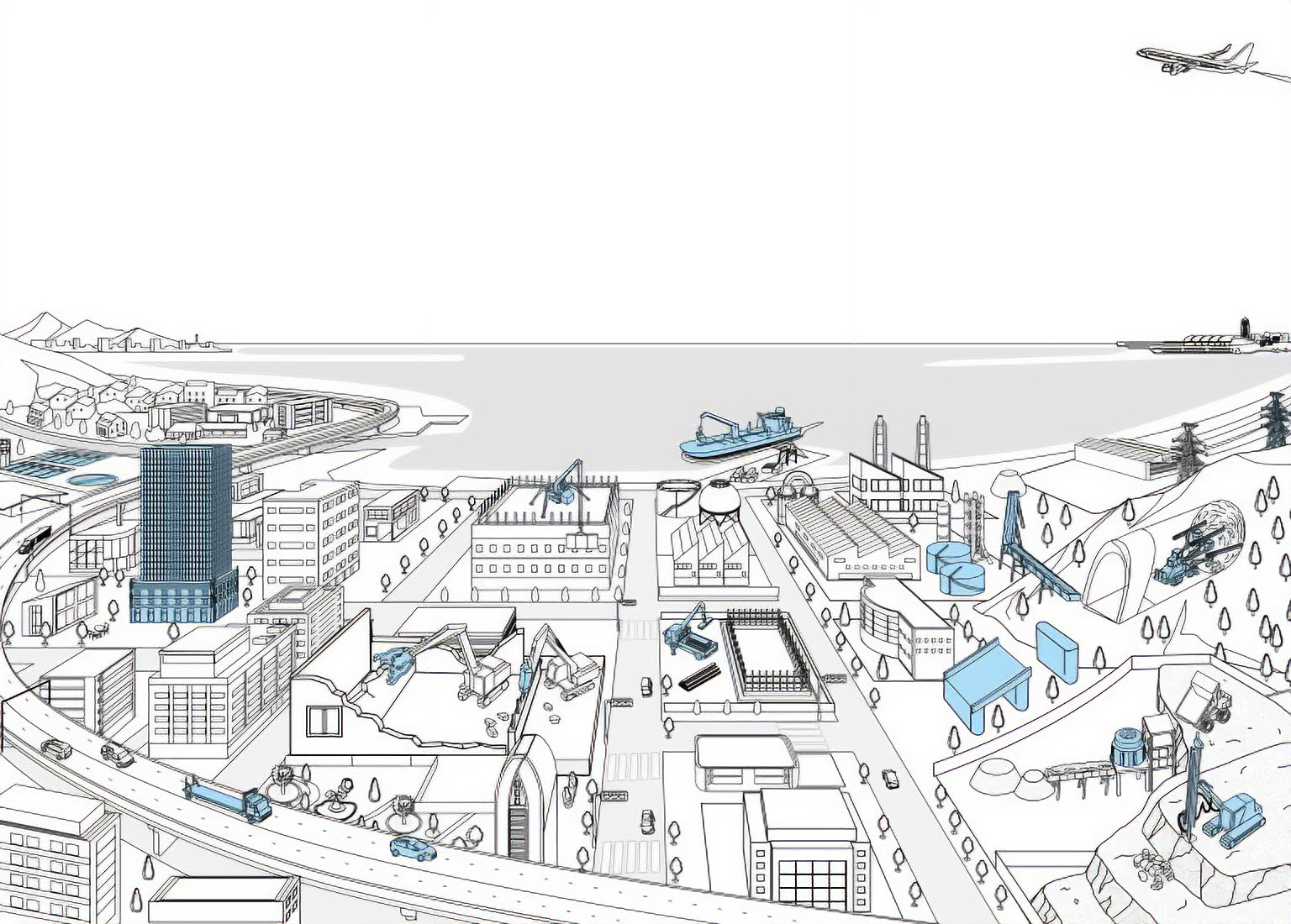 港と都市の建築や建設が進む様子を描いた俯瞰図のイラスト