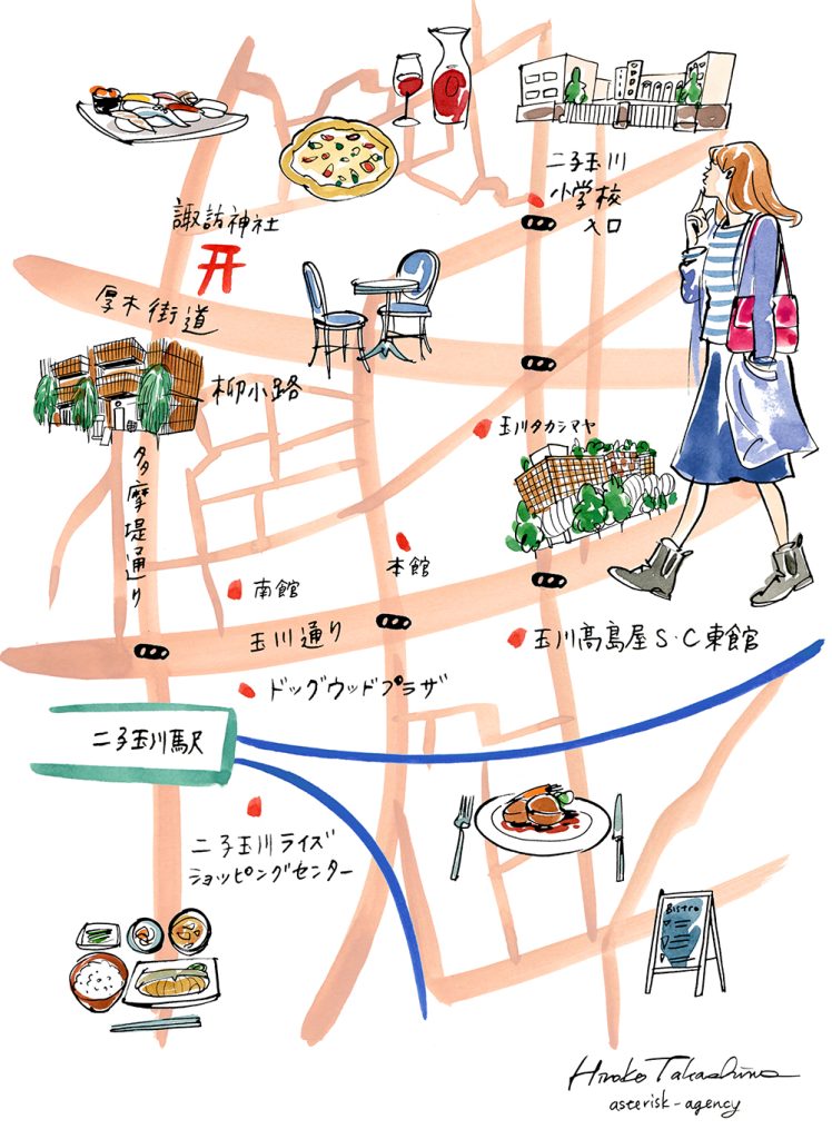 二子玉川駅周辺の手描き地図イラスト