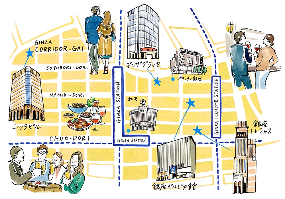 銀座駅周辺の手描き地図イラスト