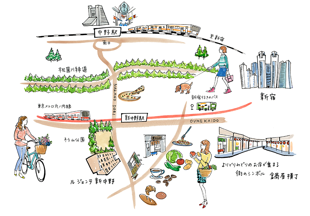 中野・新宿エリアの手描き地図イラスト