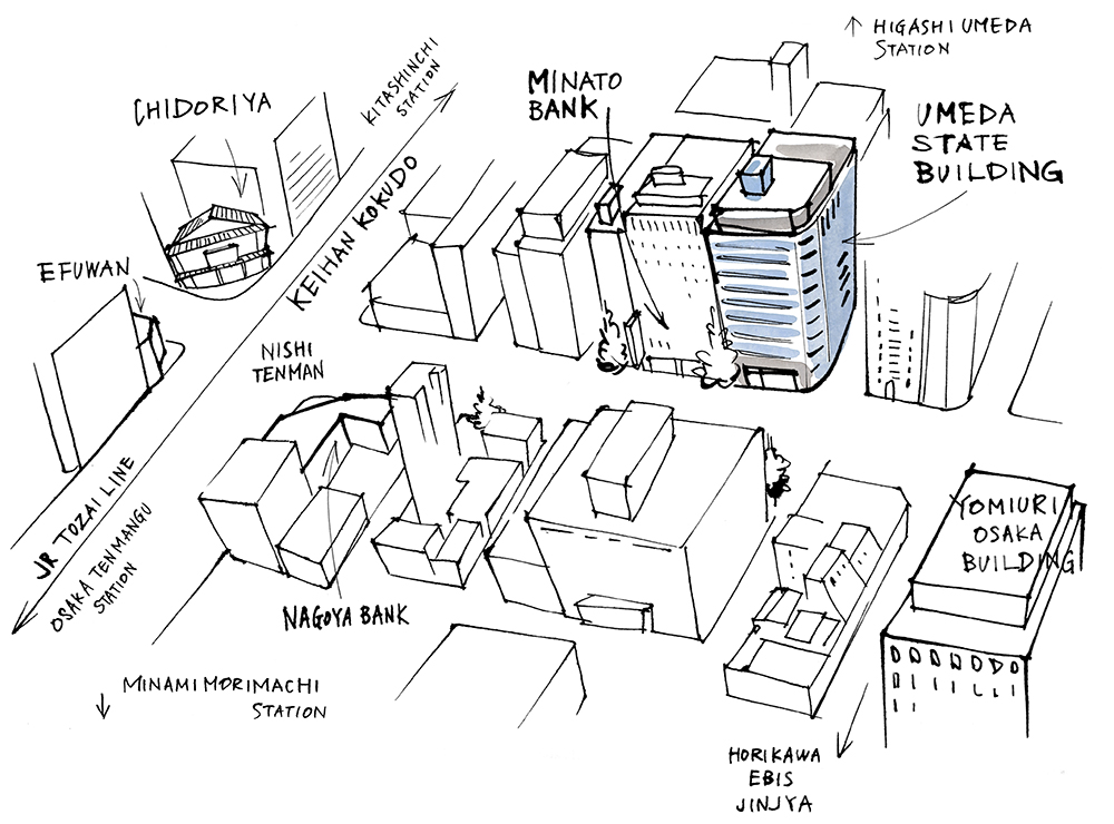 大阪梅田エリアの手描き地図イラスト