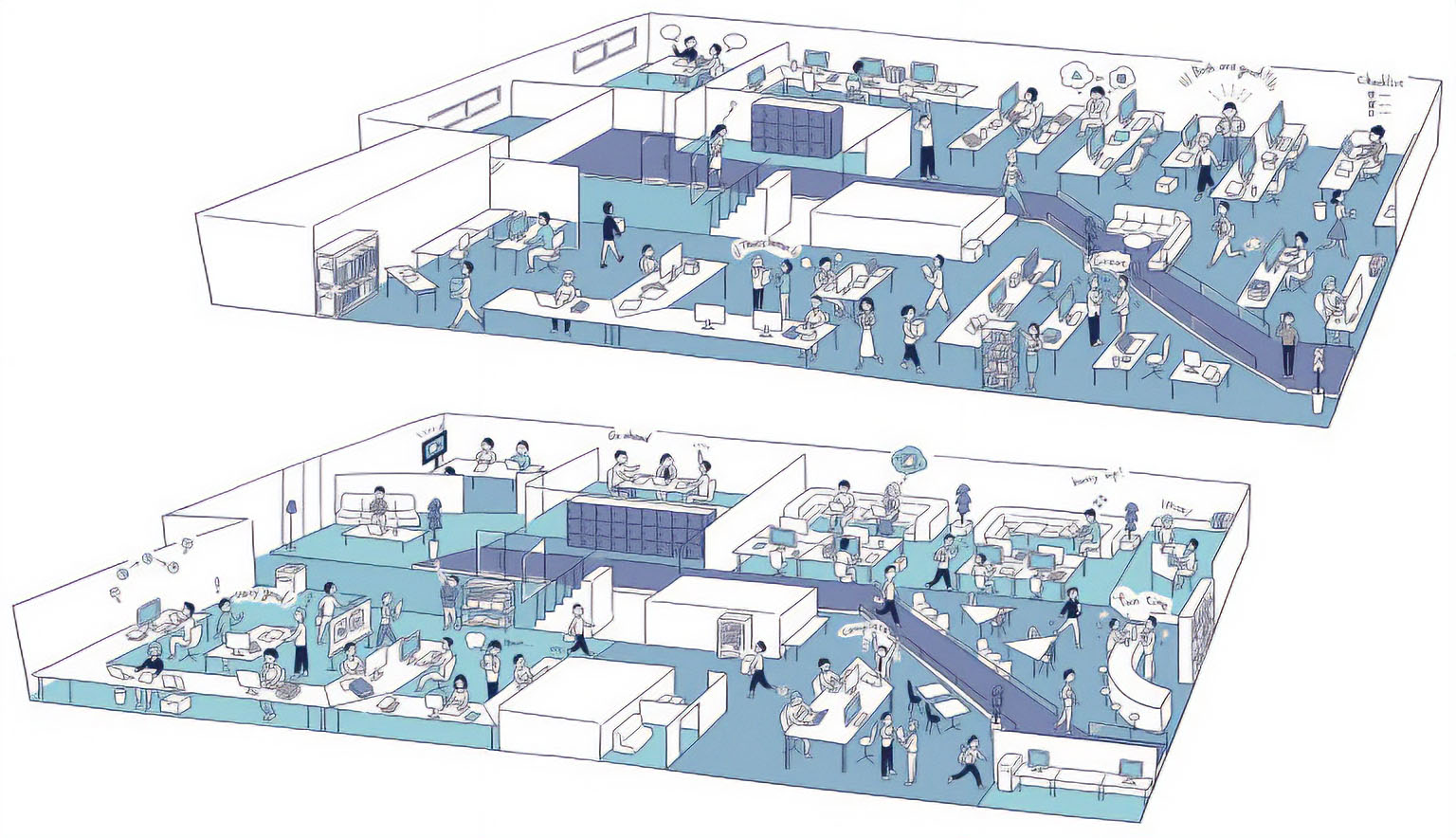 オフィスのフロアマップの俯瞰図イラスト