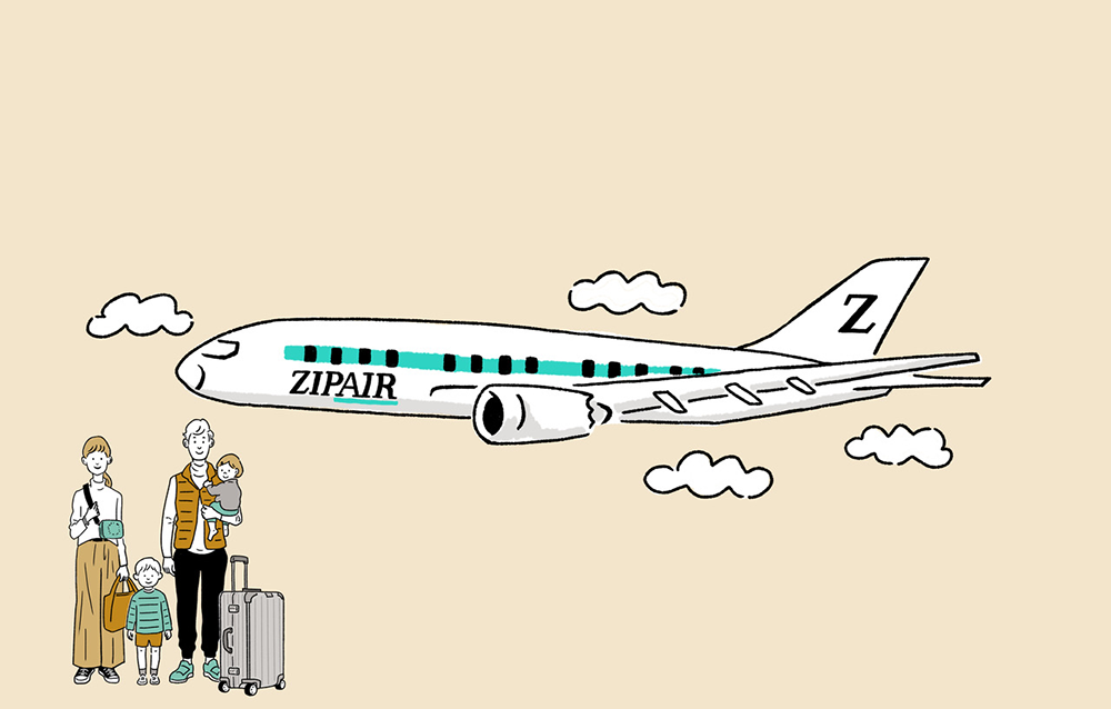 ZIPAIRで旅行をする家族のおしゃれな線画イラスト