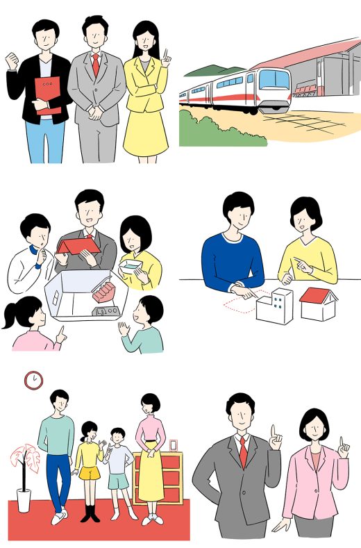 家族と不動産スタッフのコミュニケーションイラスト