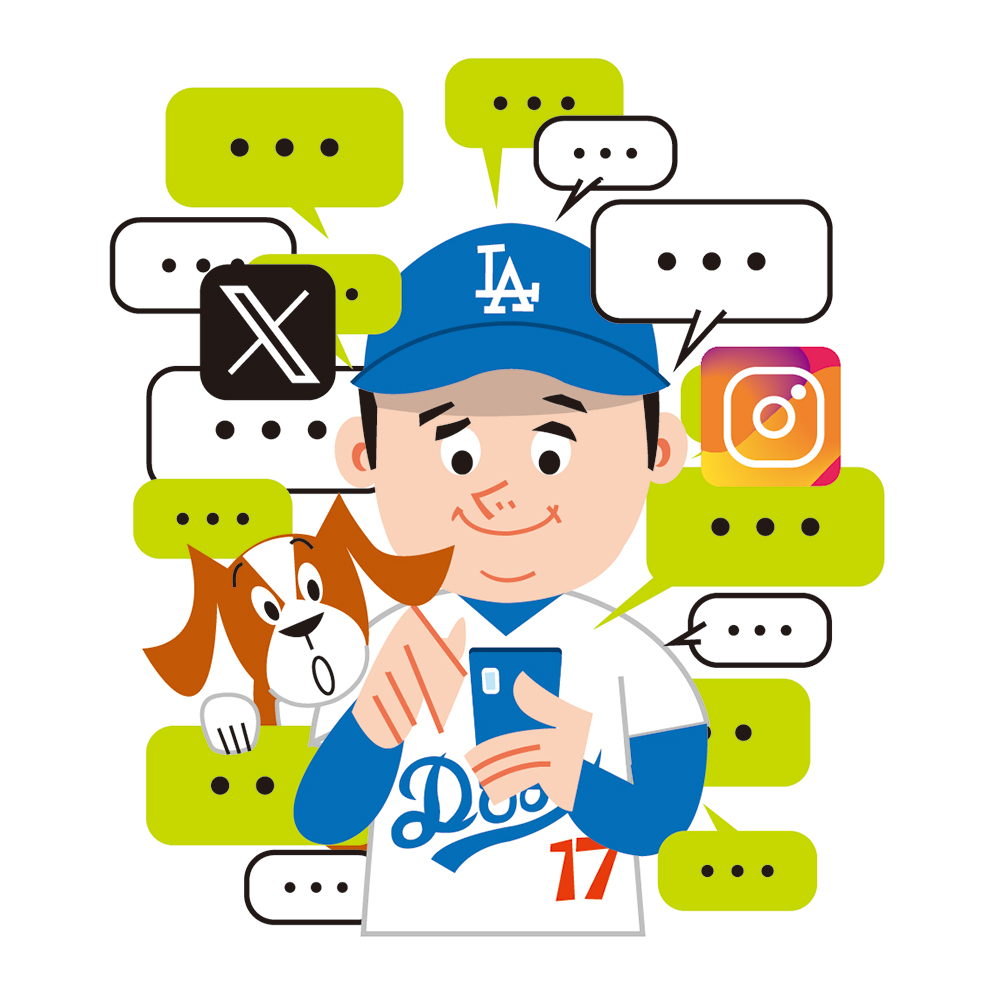 スマホでSNSを使う大谷選手と驚く犬のデコピンのイラスト