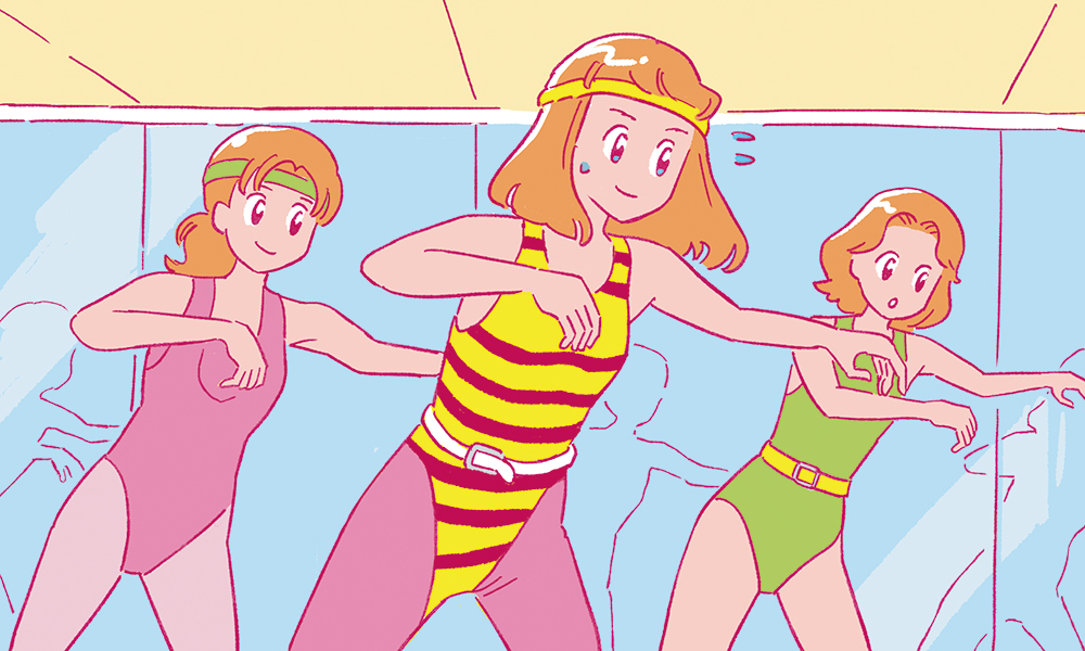 レオタード姿でエアロビクスを踊る女性たちのグループイラスト