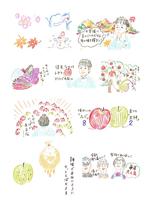 ふじと王林のりんごと収穫・搾汁の物語イラスト
