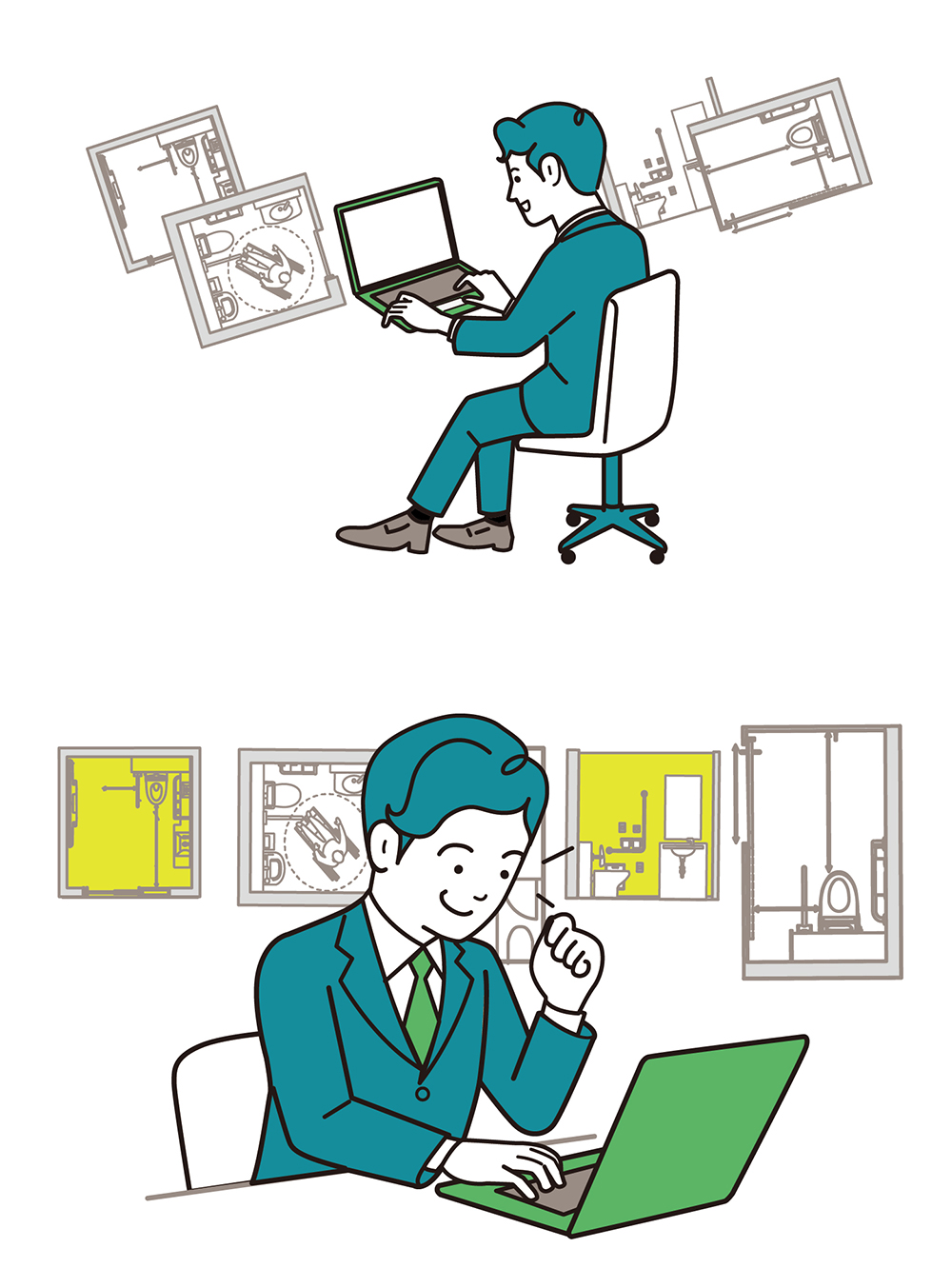 パソコンで間取り図を見る男性