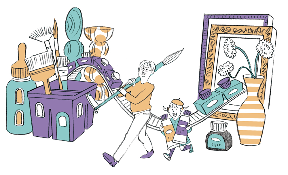 アート用品でできた街を歩く親子