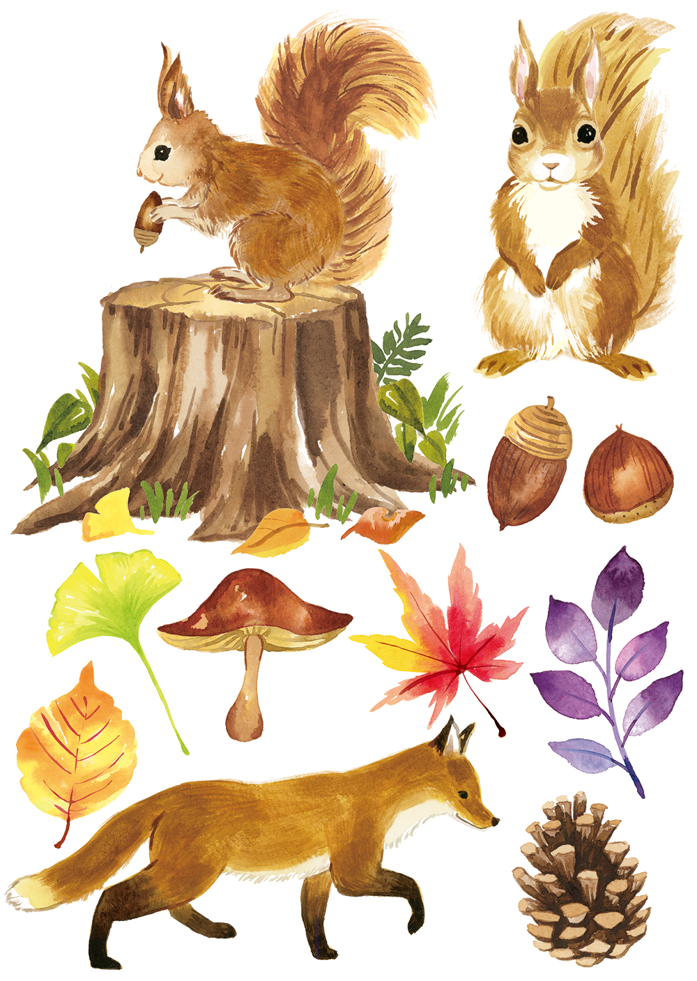 リス、キツネ、落ち葉、水彩の森の動物たち
