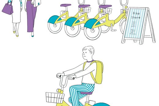 シェアサイクルと自転車に乗る人物のイラスト