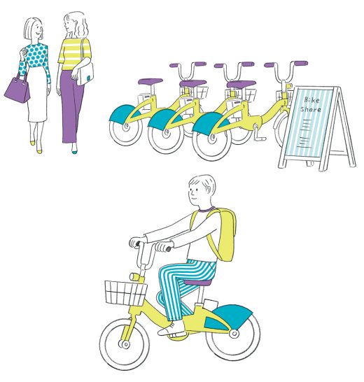 シェアサイクルと自転車に乗る人物のイラスト