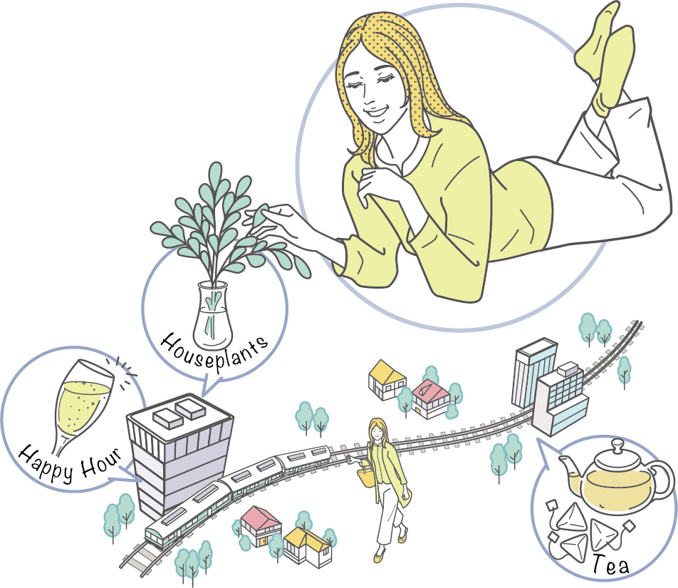 鉄道の路線が入った俯瞰図と女性のイラスト