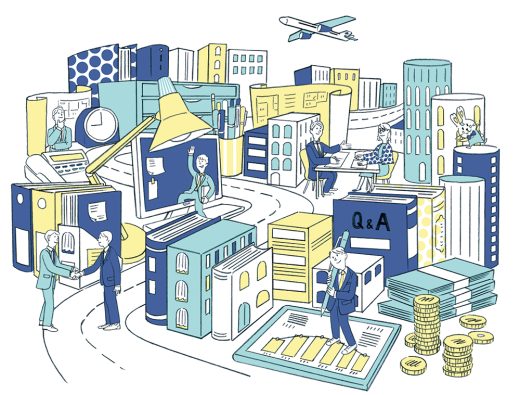 ビジネス街と文房具のアイソメトリックイラスト、握手するビジネスパーソン、グラフと金貨、Q&Aの本