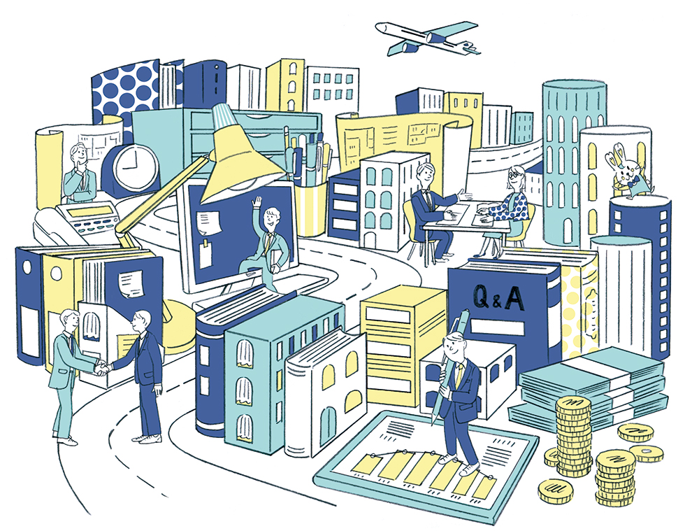 ビジネス街と文房具のアイソメトリックイラスト、握手するビジネスパーソン、グラフと金貨、Q&Aの本