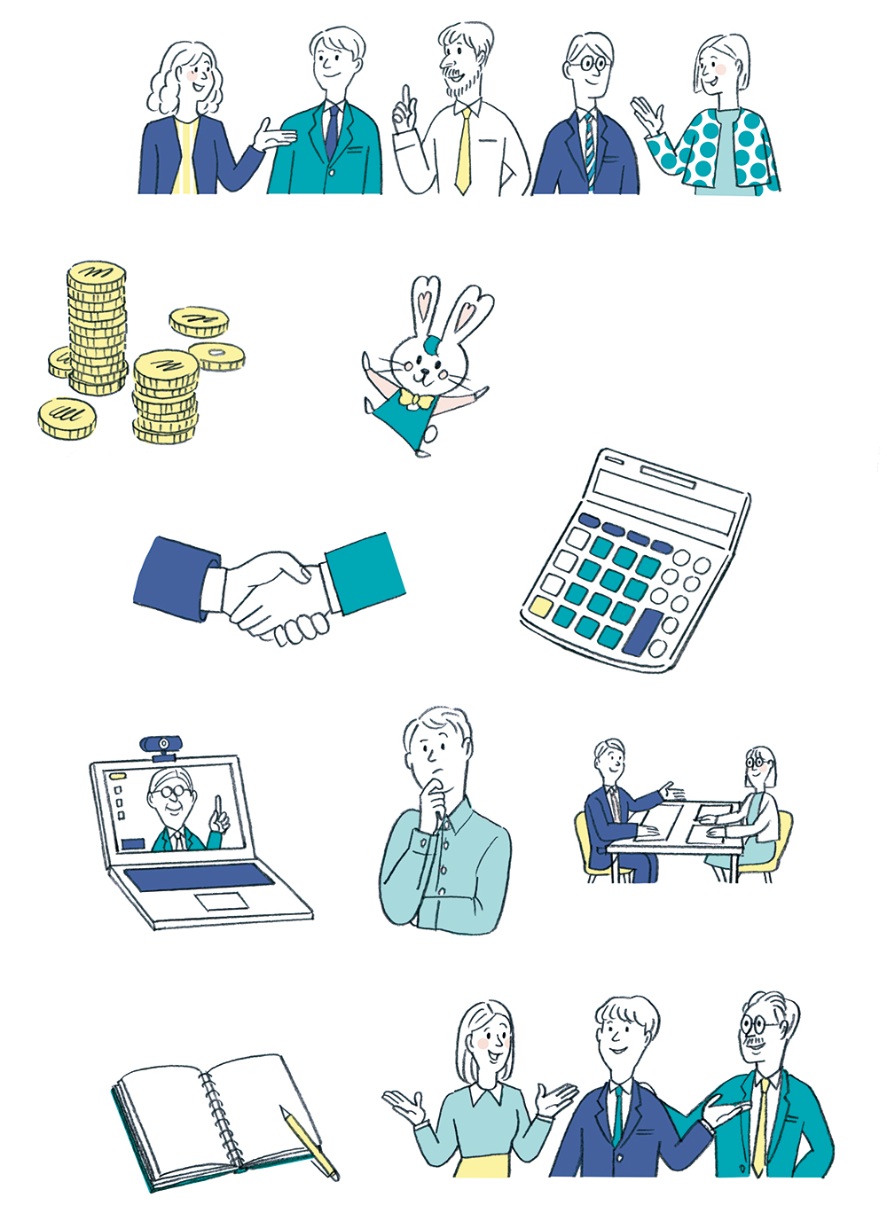 ビジネスパーソンの対話、握手、電卓、コイン、ノート、オンライン会議のイラストセット