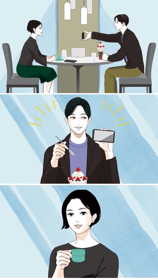 couple cafe dessert smartphone smile